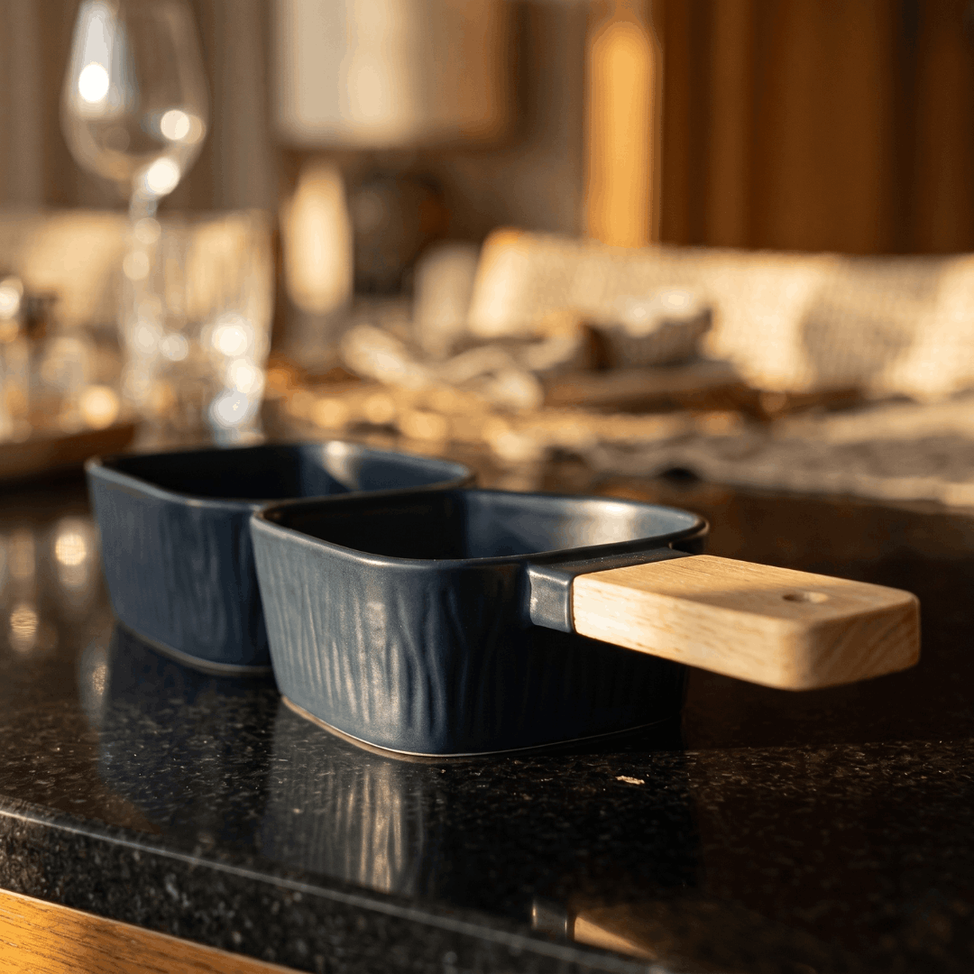 Two Section Platter with Wooden Handle - Blue
