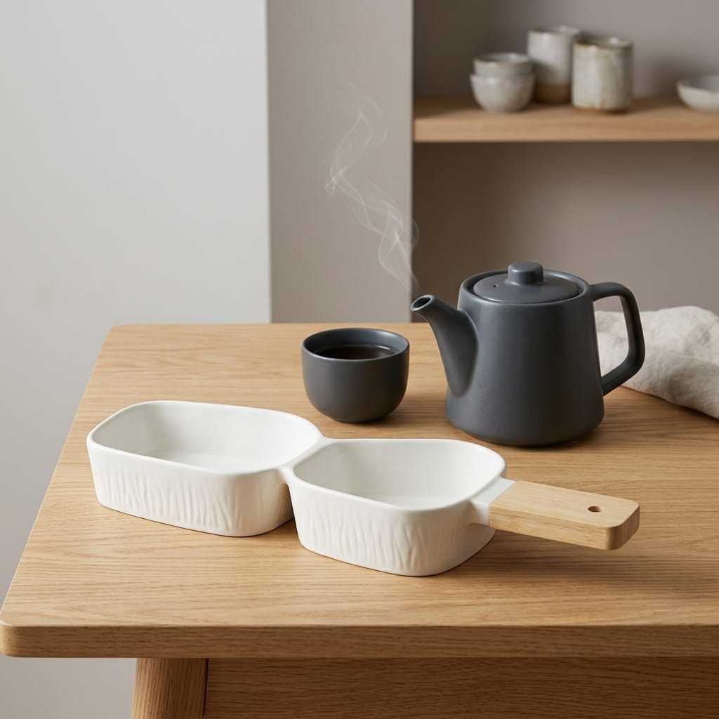 Two-Section Platter with Wooden Handle - White
