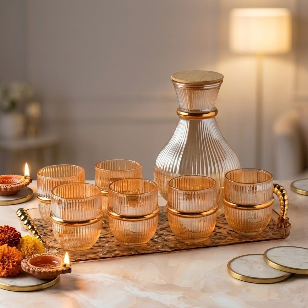 Amber Gold Ring Water Jug Set of 8 - 250ml