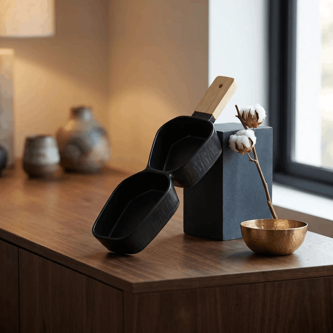 Two Section Platter with Wooden Handle - Black