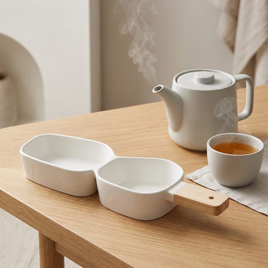 Two-Section Platter with Wooden Handle - White