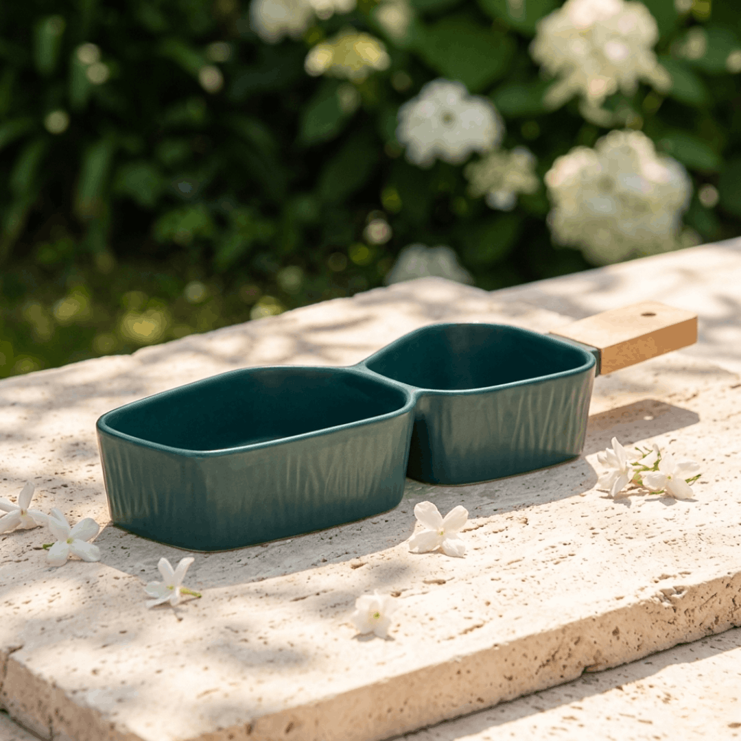 Two-Section Platter with Wooden Handle - Green