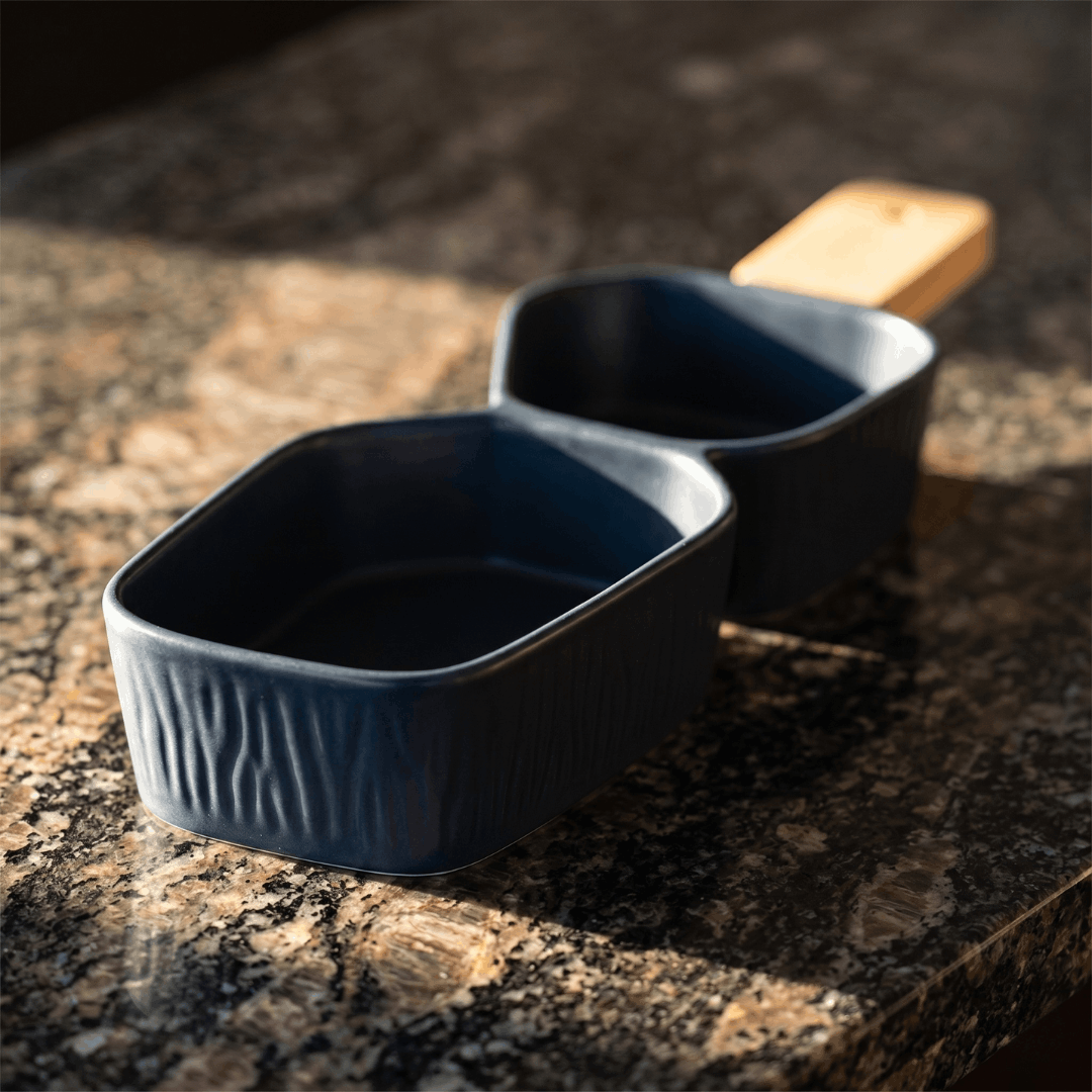 Two Section Platter with Wooden Handle - Blue