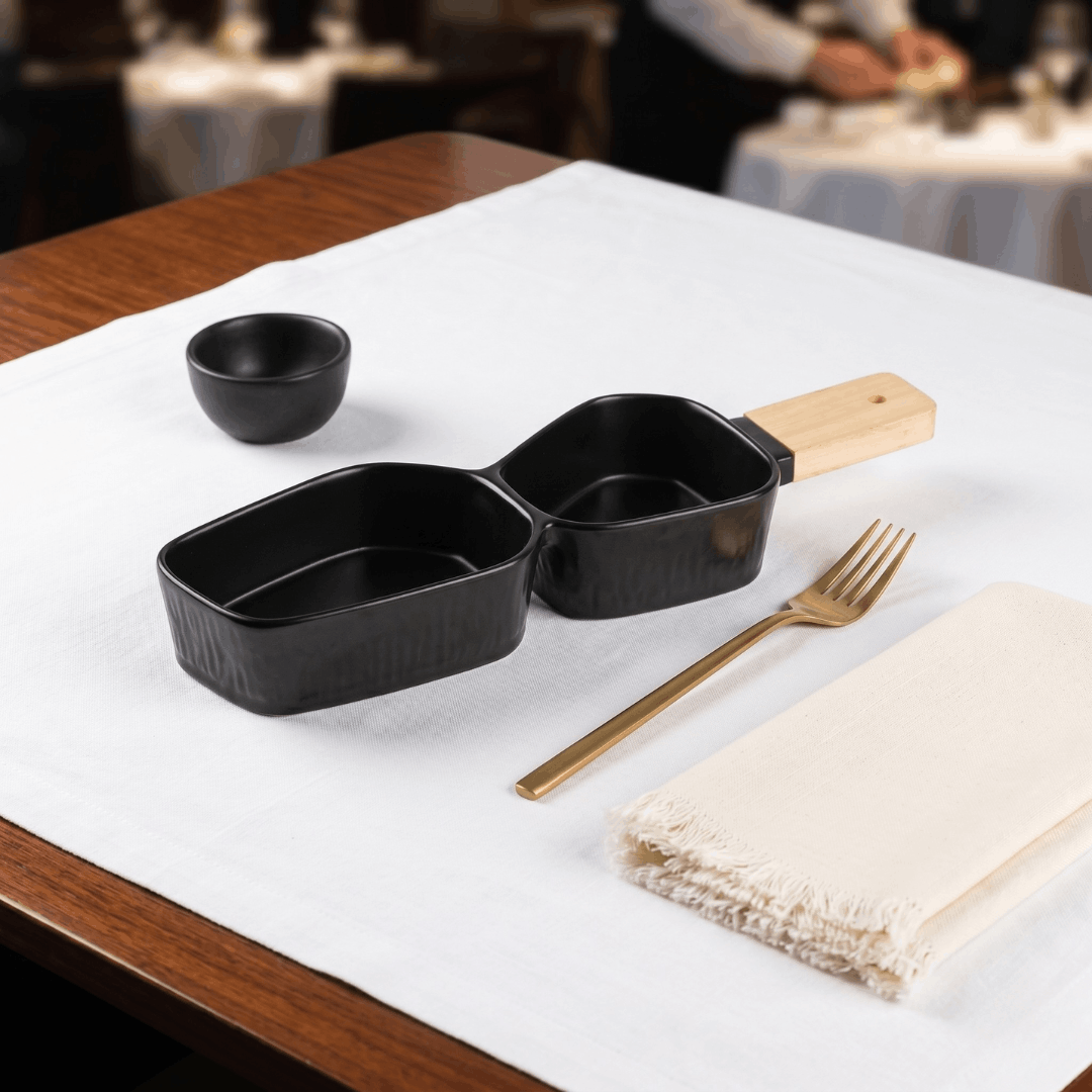 Two Section Platter with Wooden Handle - Black