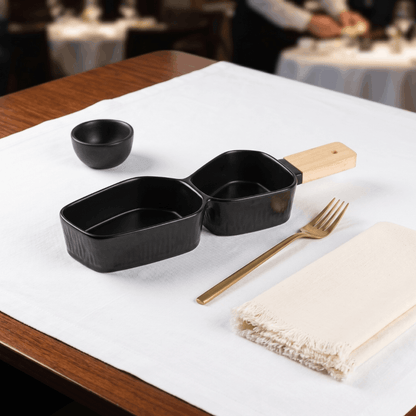 Two Section Platter with Wooden Handle - Black