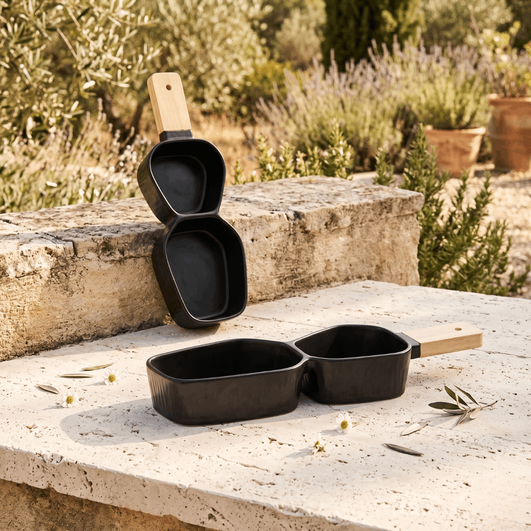 Two Section Platter with Wooden Handle - Black