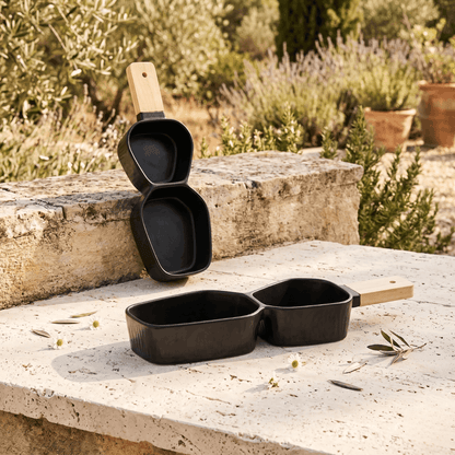 Two Section Platter with Wooden Handle - Black