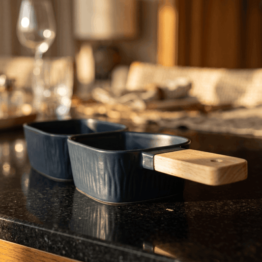 Two Section Platter with Wooden Handle - Blue