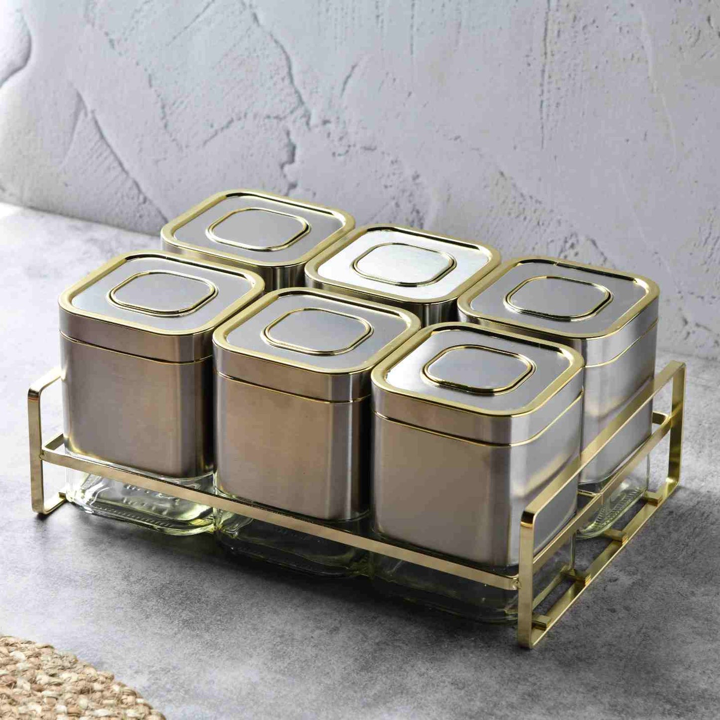 LUXE gRID Square Canister Set 500 ML - sILVER - Set of 6