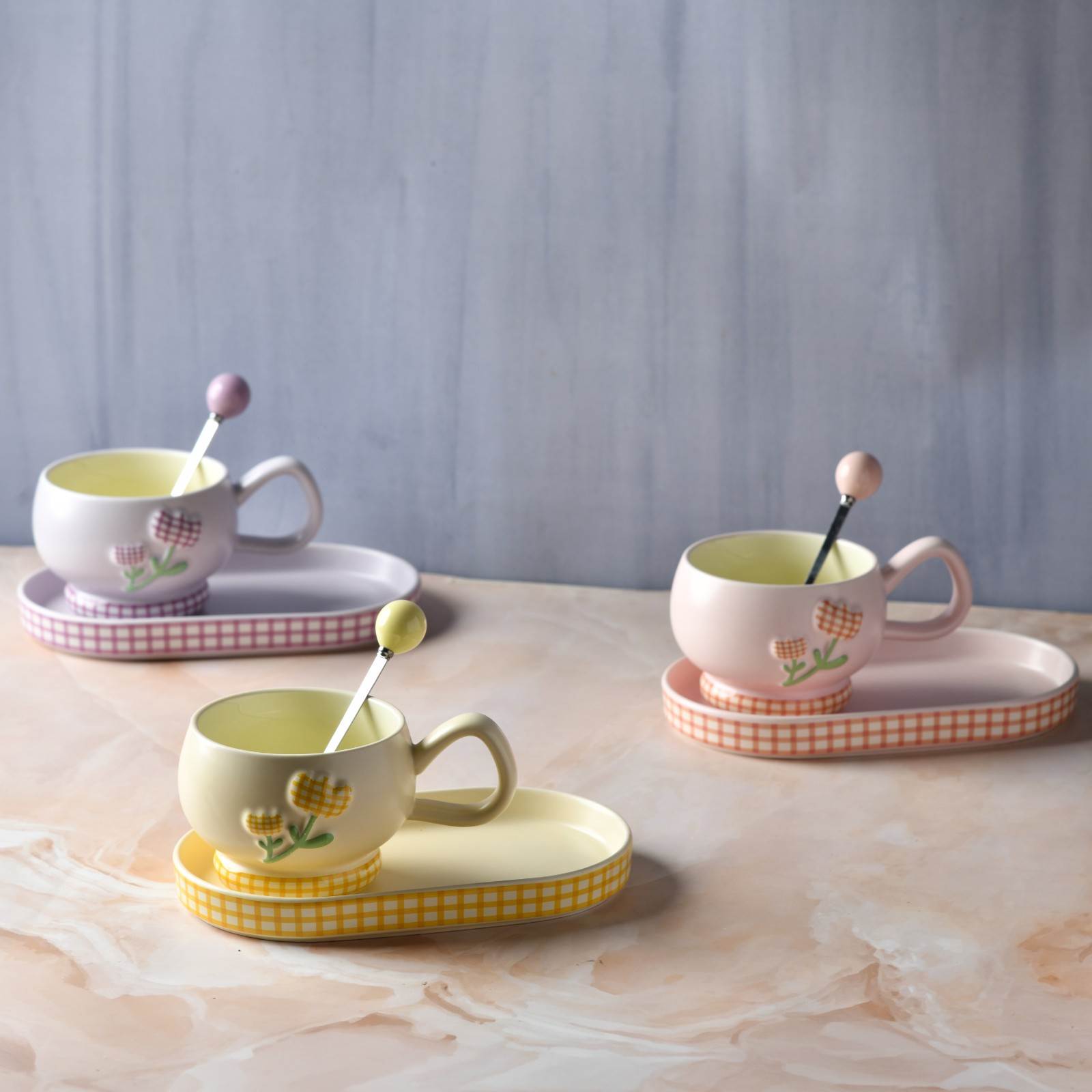 GinghamBloom Teacup Set - 350ml