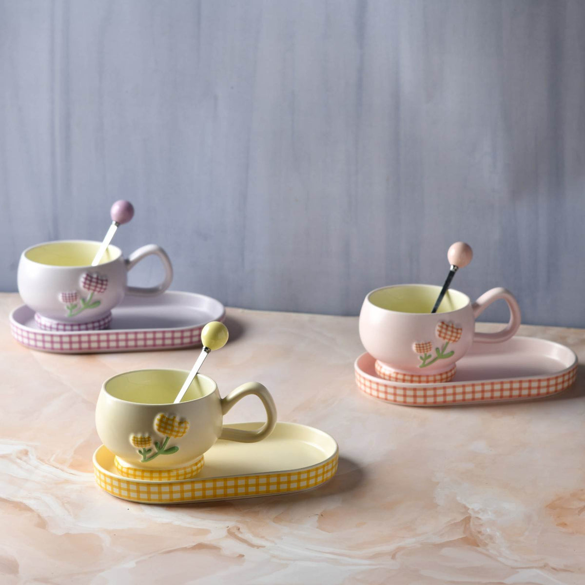 GinghamBloom Teacup Set - 350ml