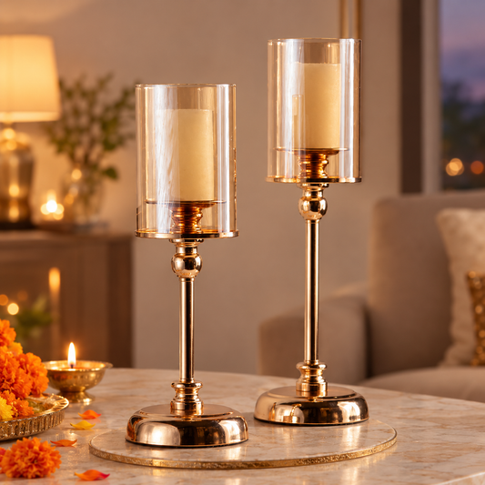 Gold Hurricane Candle holder - Set of 2