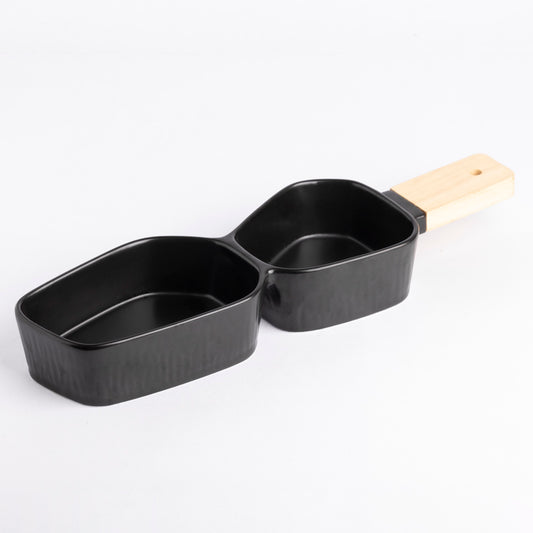 Two Section Platter with Wooden Handle - Black