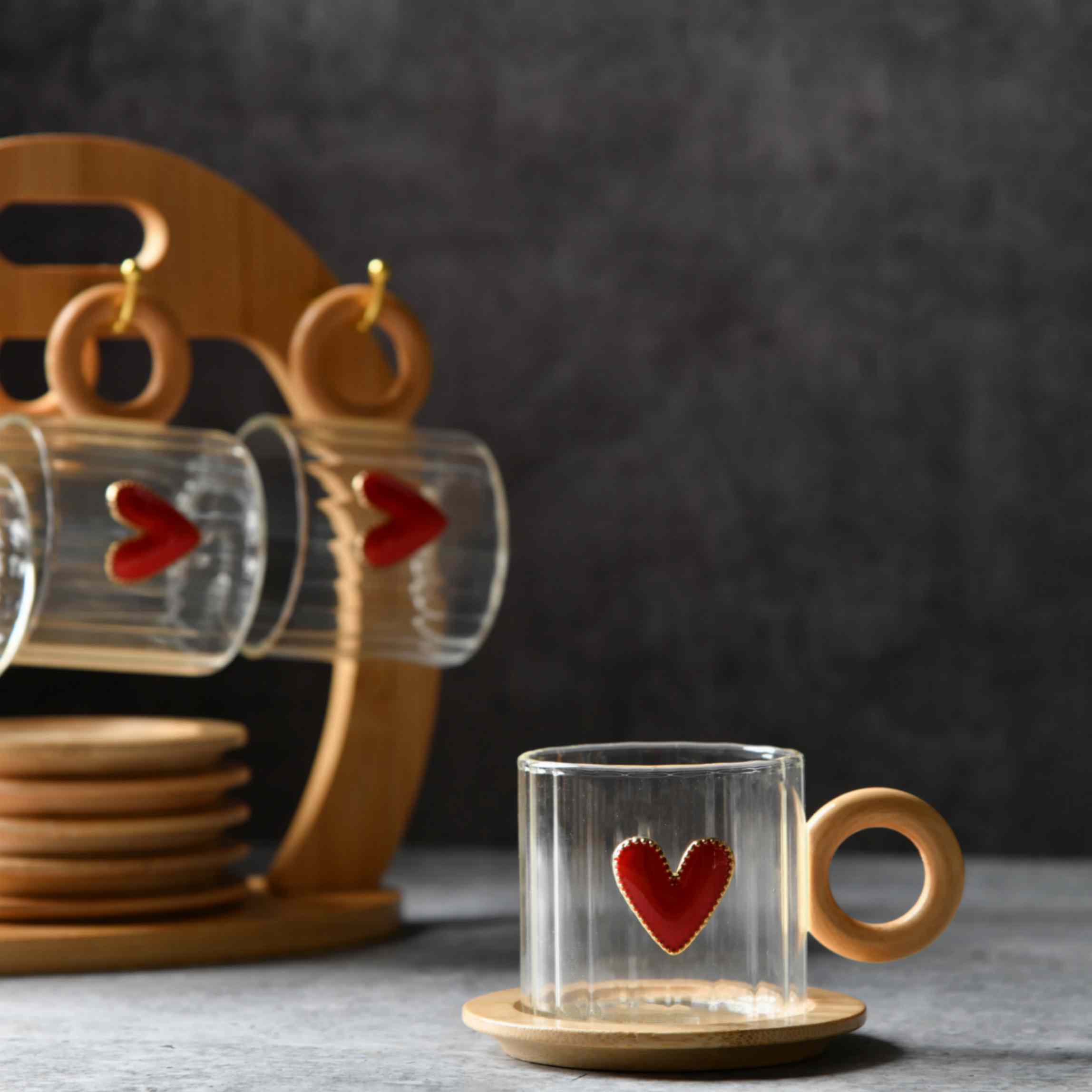 GoldHeart Tea Cup & Saucer - Set of 6 with stand