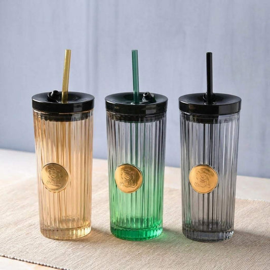 Ribbed Glass Straw Cup - 470ml