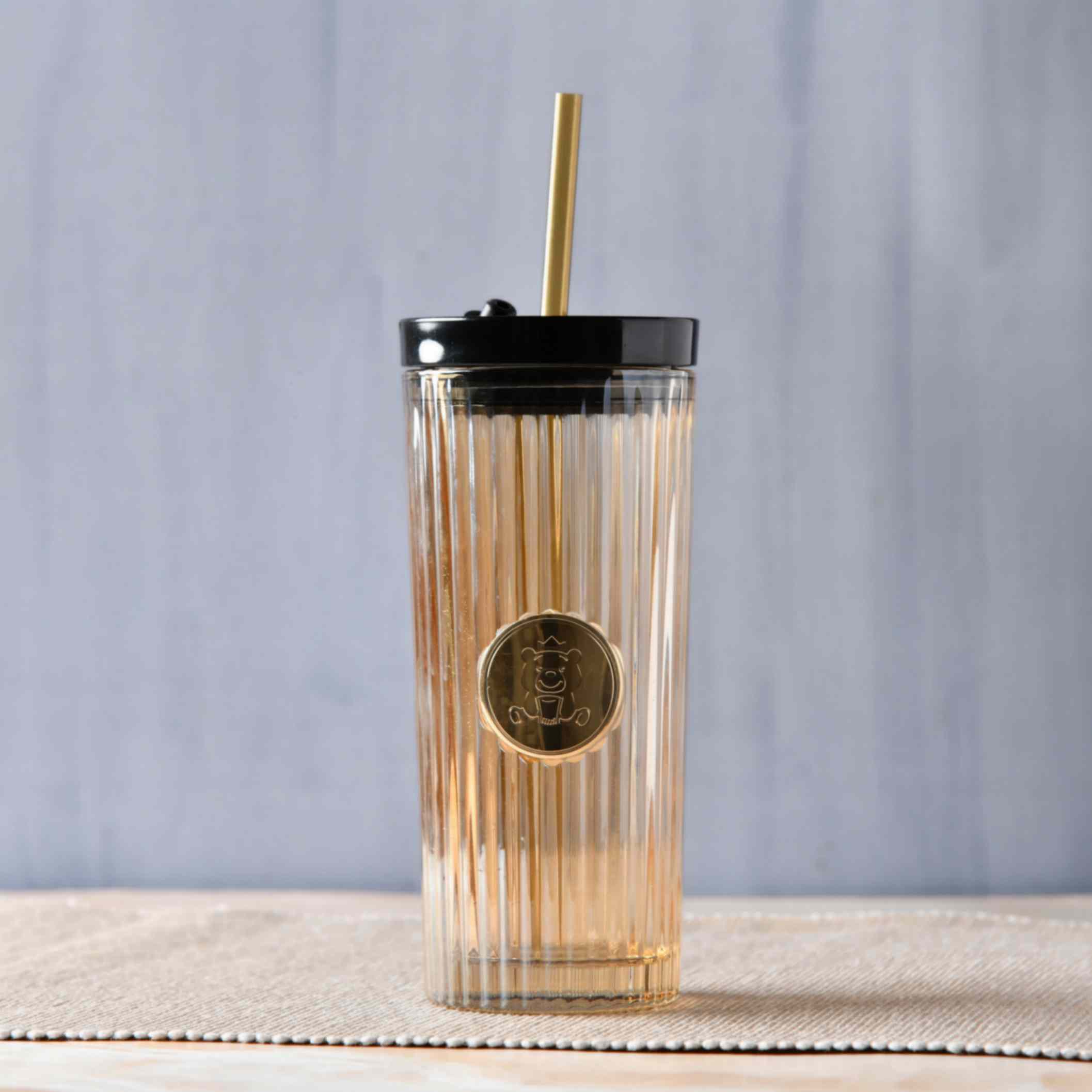 Ribbed Glass Straw Cup - 470ml