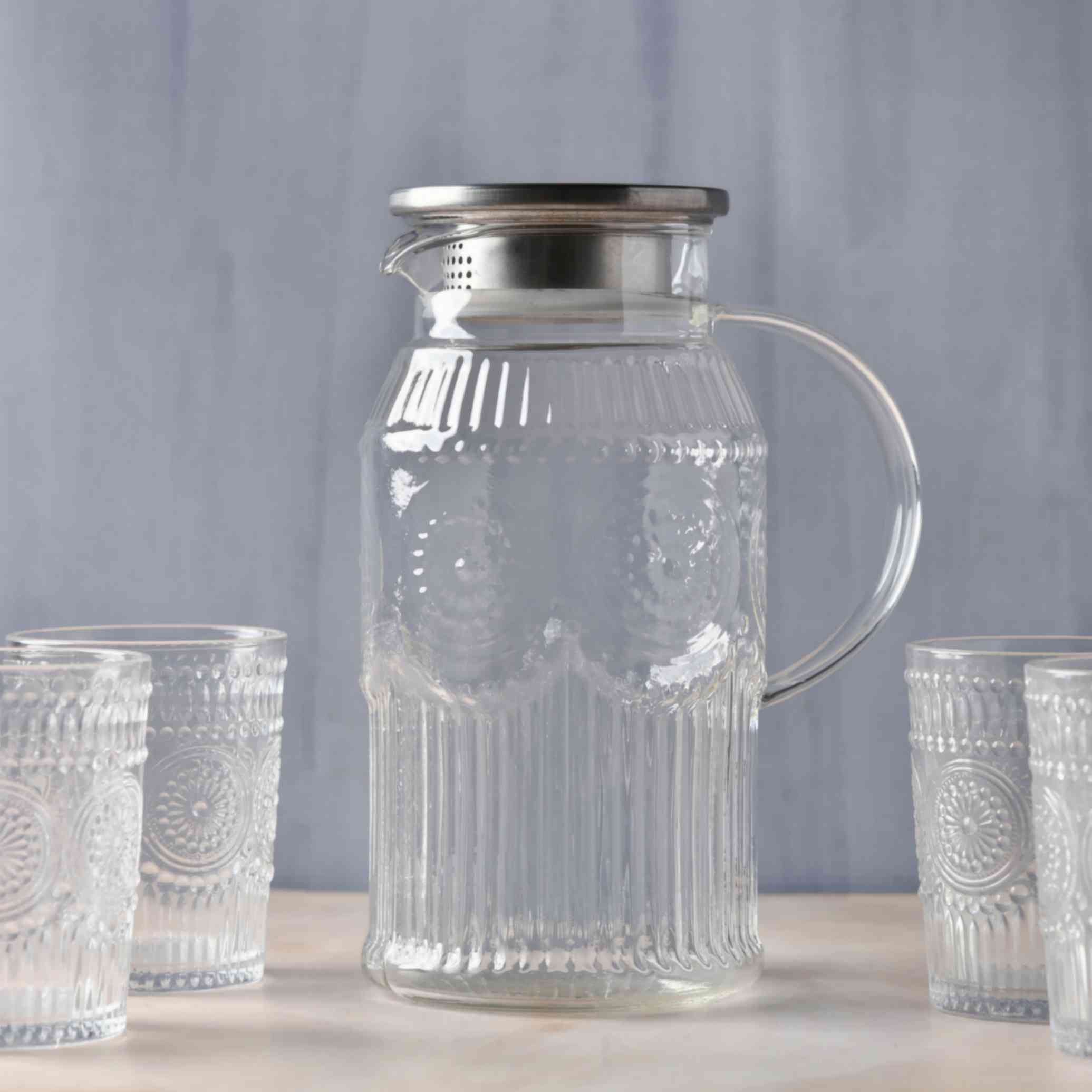 Embossed Transparent Jug and Glass set of 7