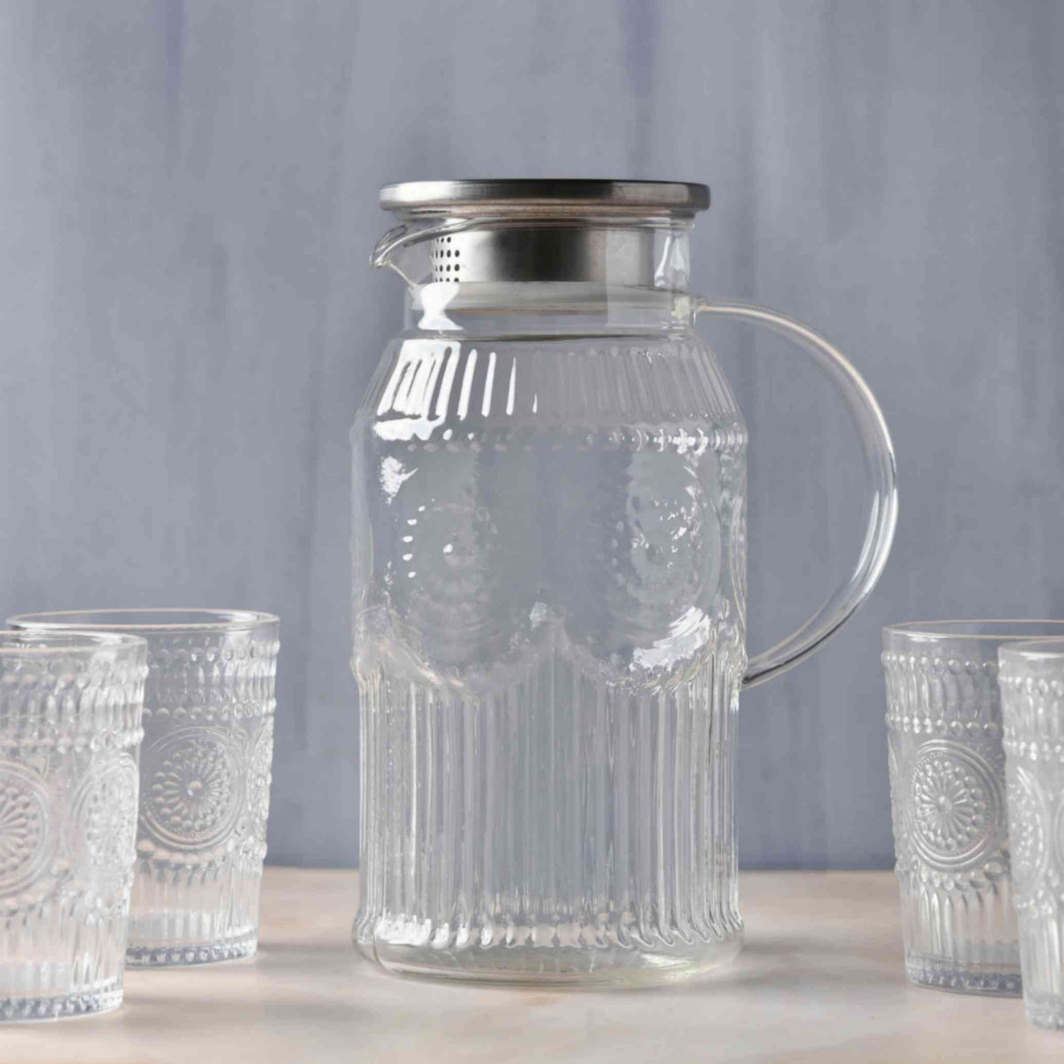 Embossed Transparent Jug and Glass set of 7