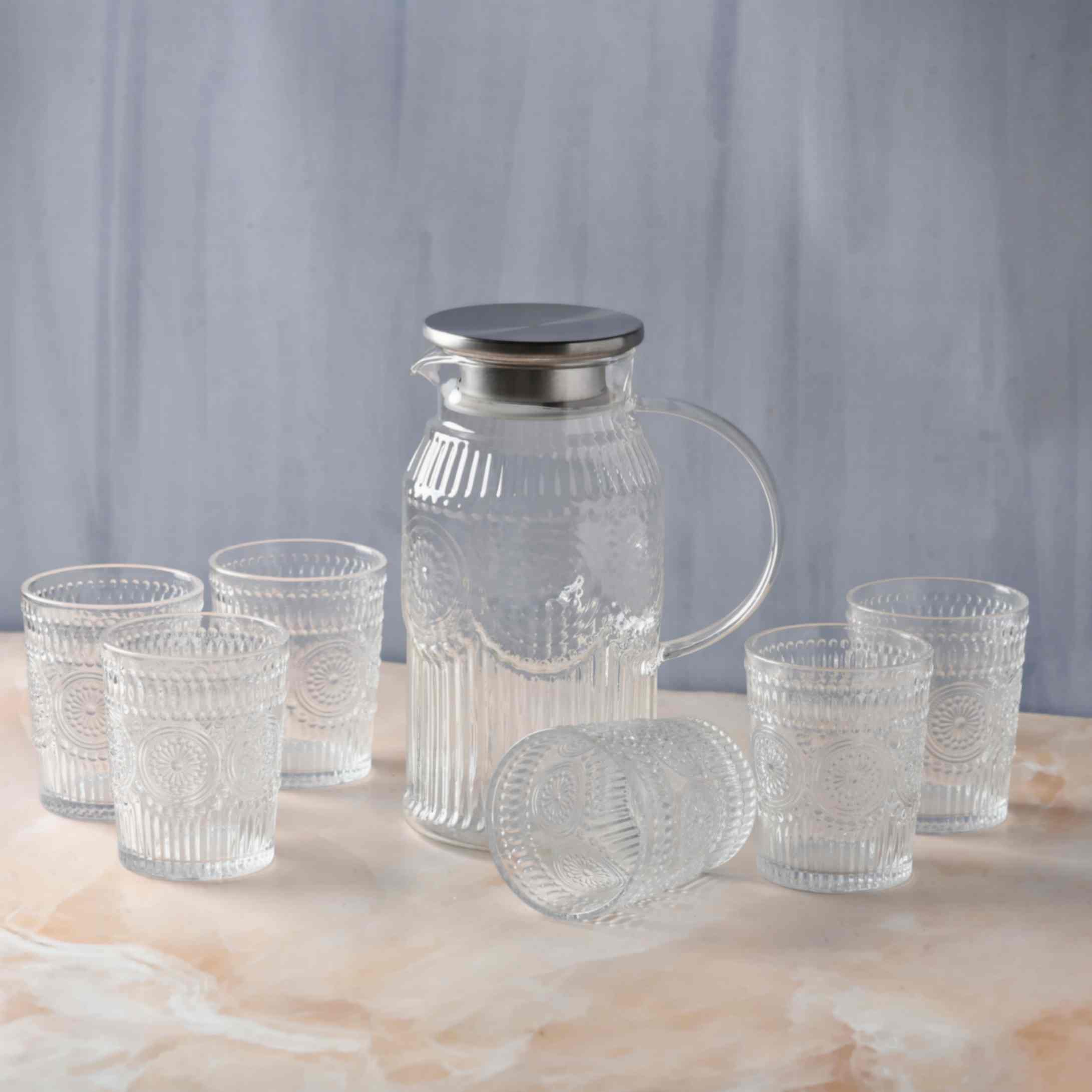 Embossed Transparent Jug and Glass set of 7