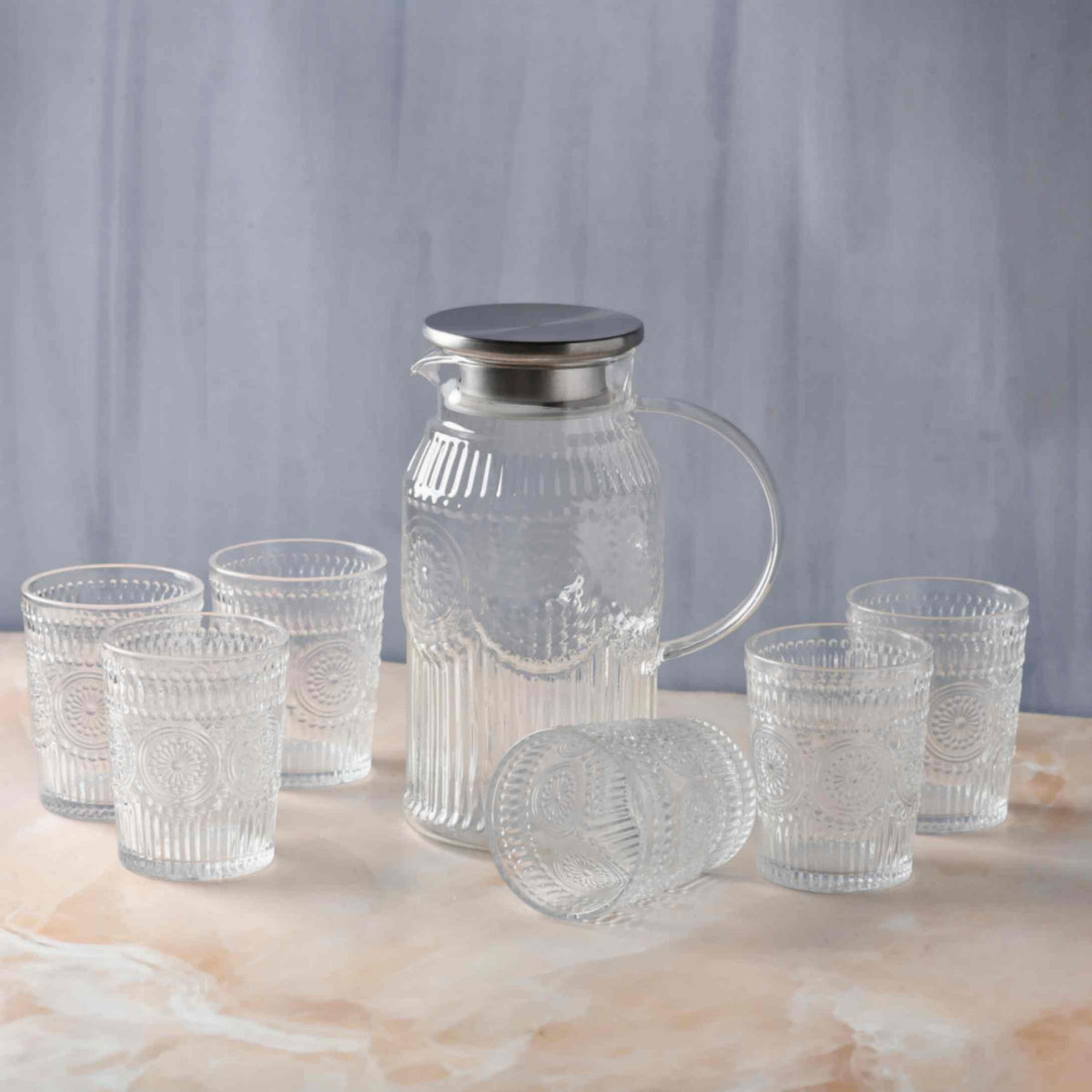 Embossed Transparent Jug and Glass set of 7