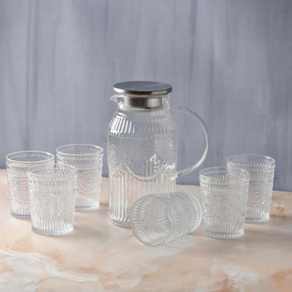Embossed Transparent Jug and Glass set of 7