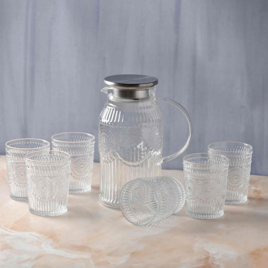Embossed Transparent Jug and Glass set of 7