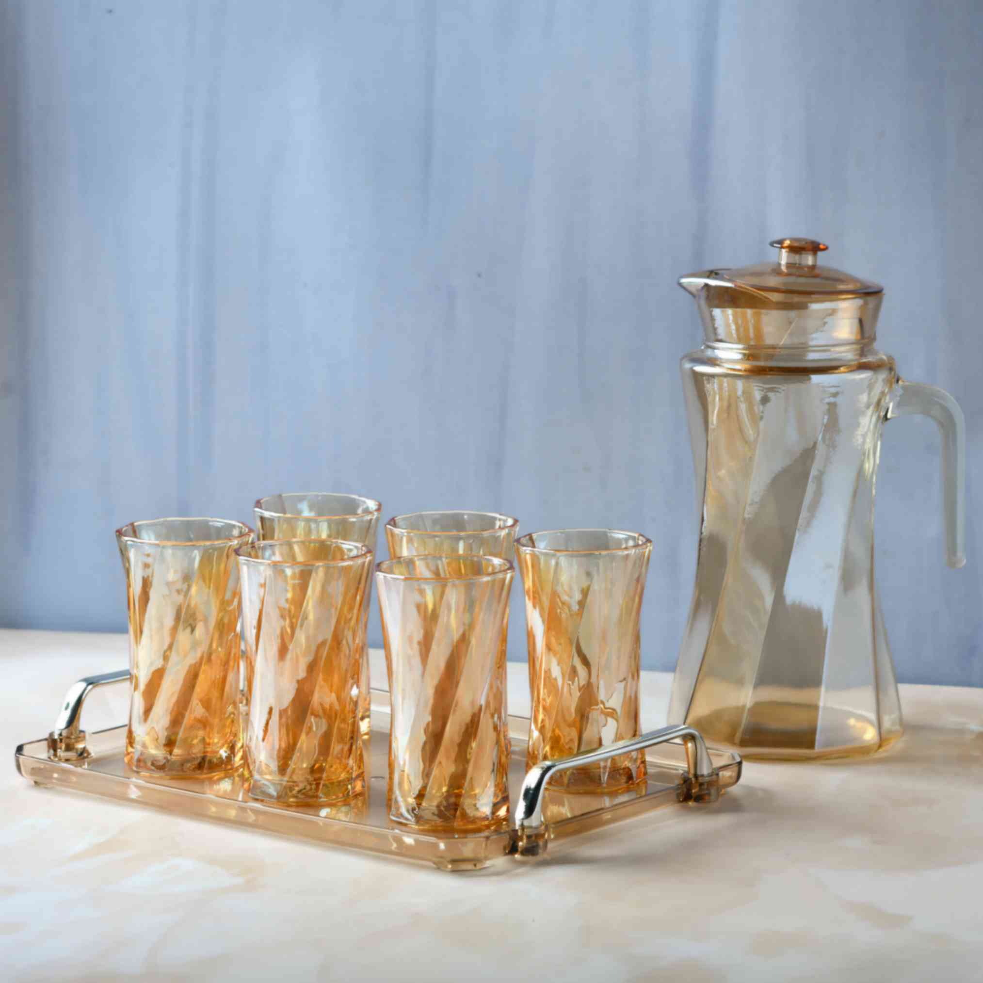 Golden Grid Water Jug & Glass Set of 8