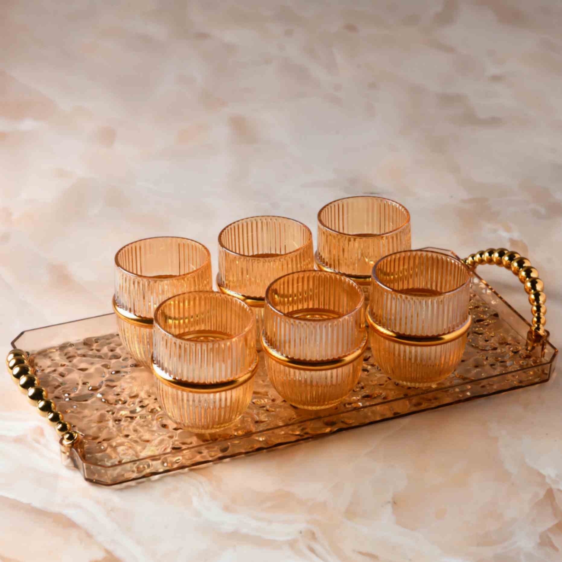 Amber Gold Ring Water Jug Set of 8